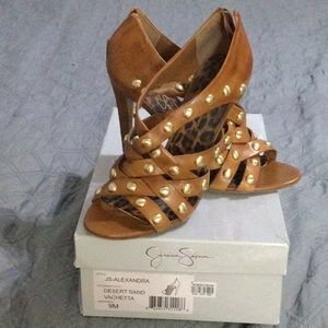 Jessica Simpson tan leather studded heels.